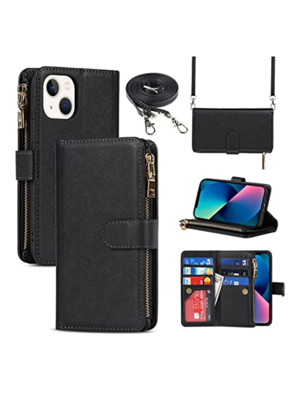 Crossbody Wallet Case for iPhone 13/14 with Card Slots & Strap